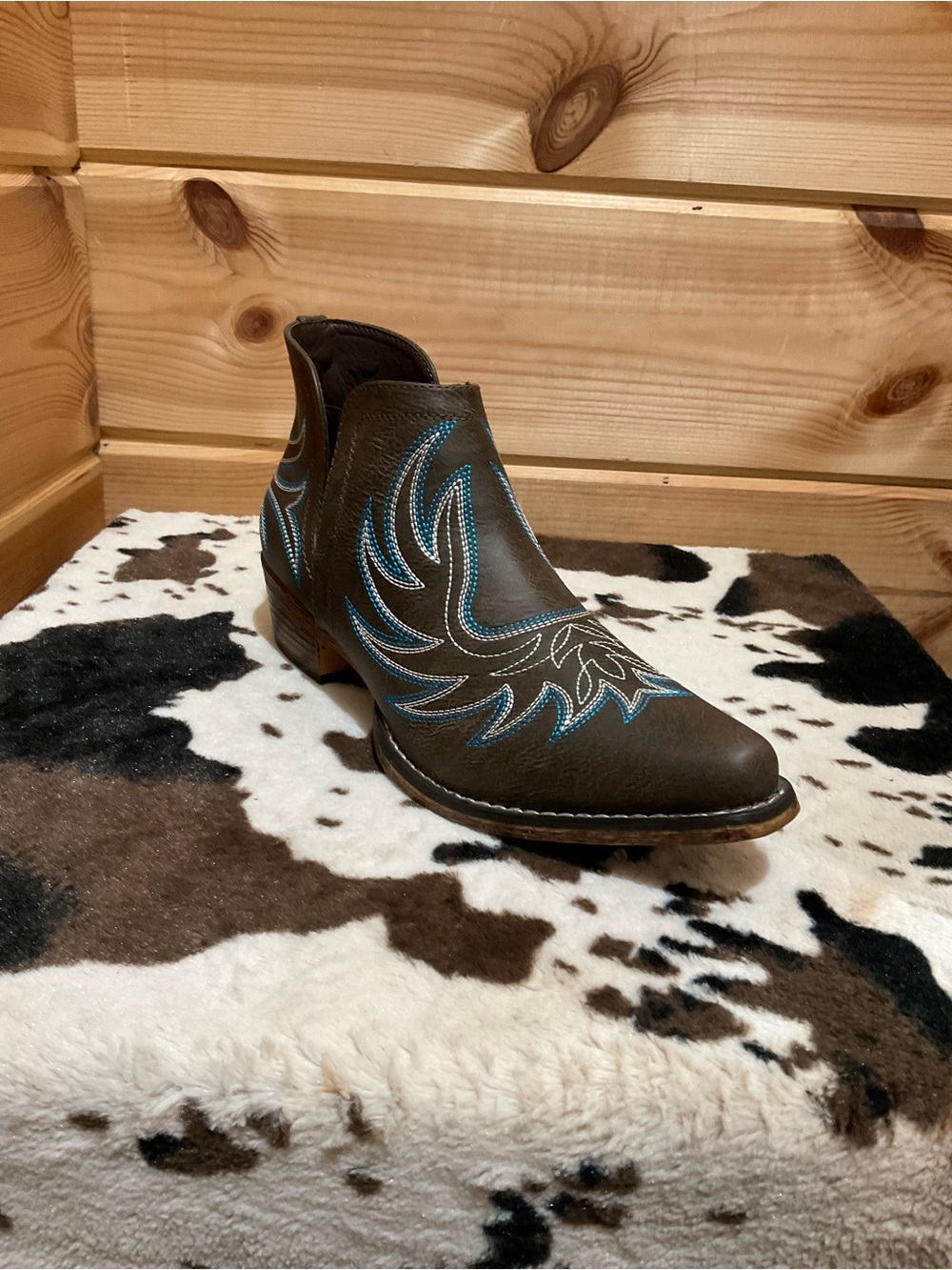 Roper Brown Ankle Boot with Blue Embroidery